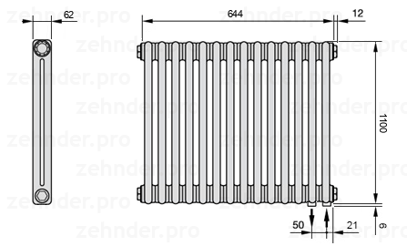 Схема (чертеж) Радиатор Zehnder Charleston 2110/14 №5510 Белый глянцевый RAL 9016